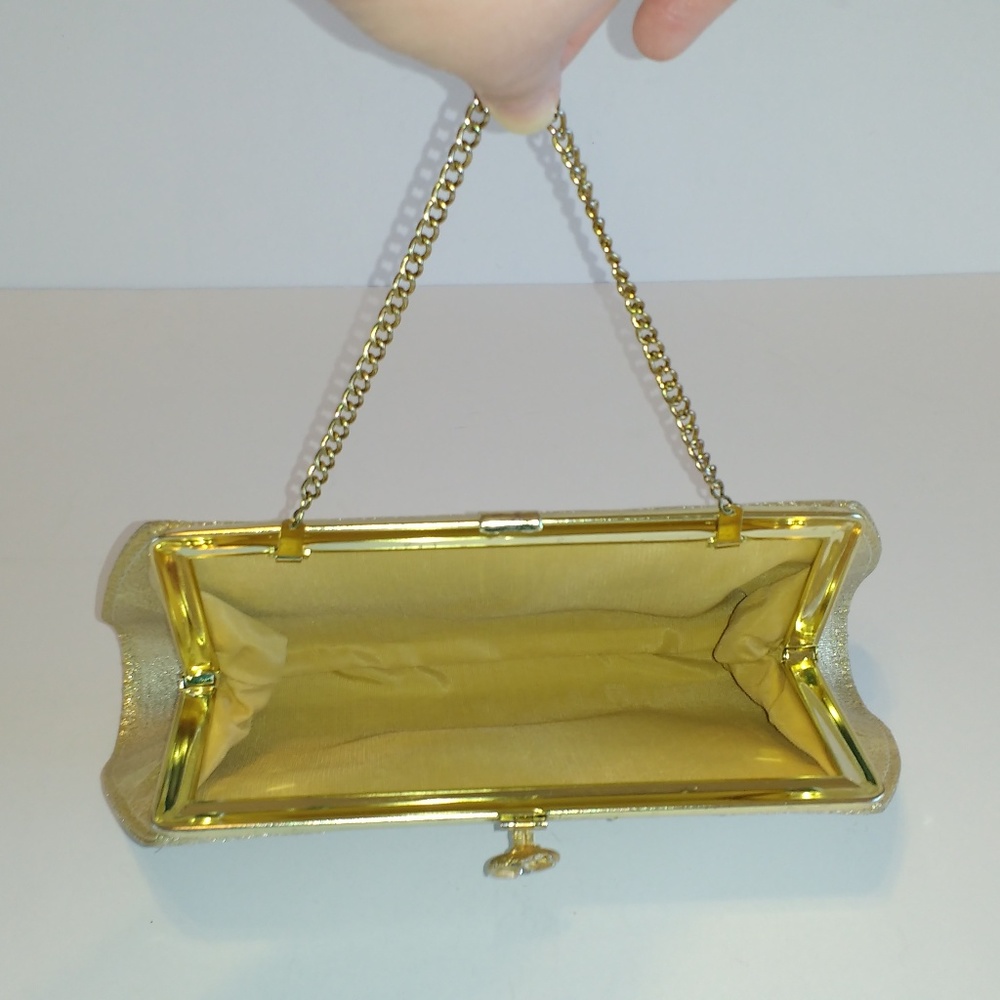 Gold Fabric Clutch Crystal Flower Clasp - Picture 4 of 8